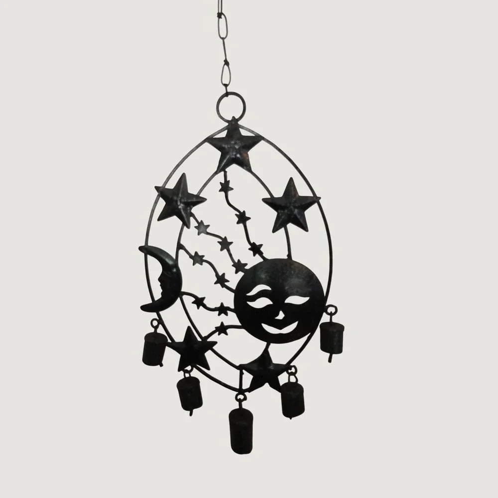 Vintage Celestial Sun Moon Stars Hanging Bell Chime Metal Wall Decor‎ Boho